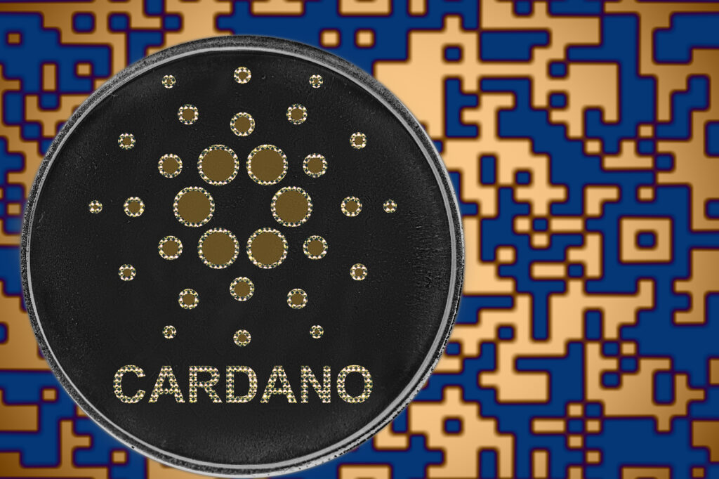 Cardano Ada Coin Cryptocurrency On The Background Of Crypto Code