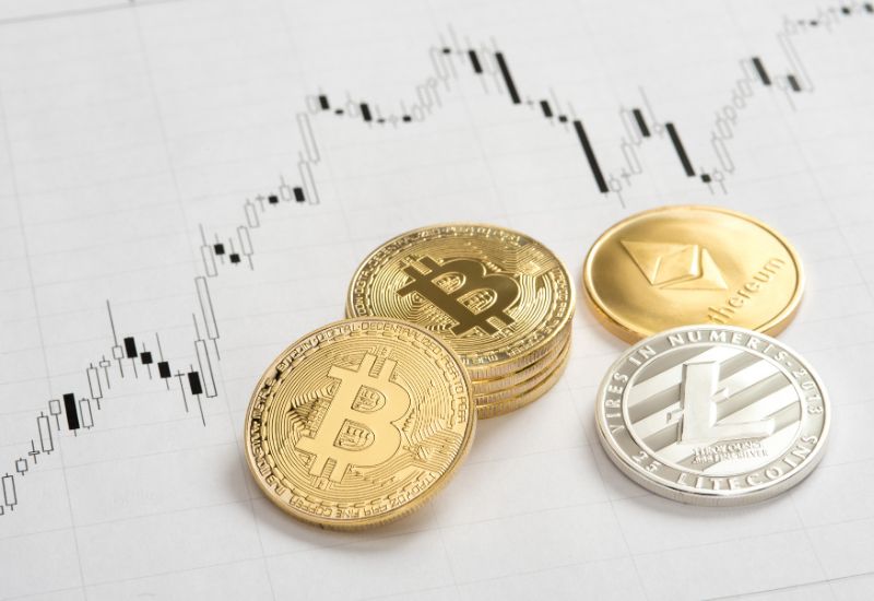 Crypto Coins on Crypto Trading Candles Graphic