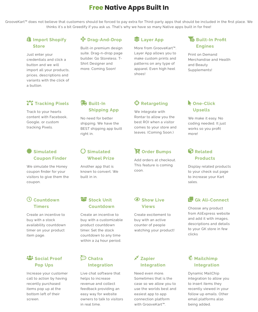 List of the native apps that come free in GrooveKart.