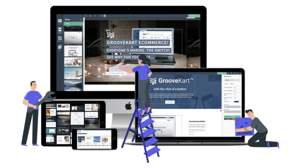 Mockup of GrooveKart backend builder and templates on various digital devices.
