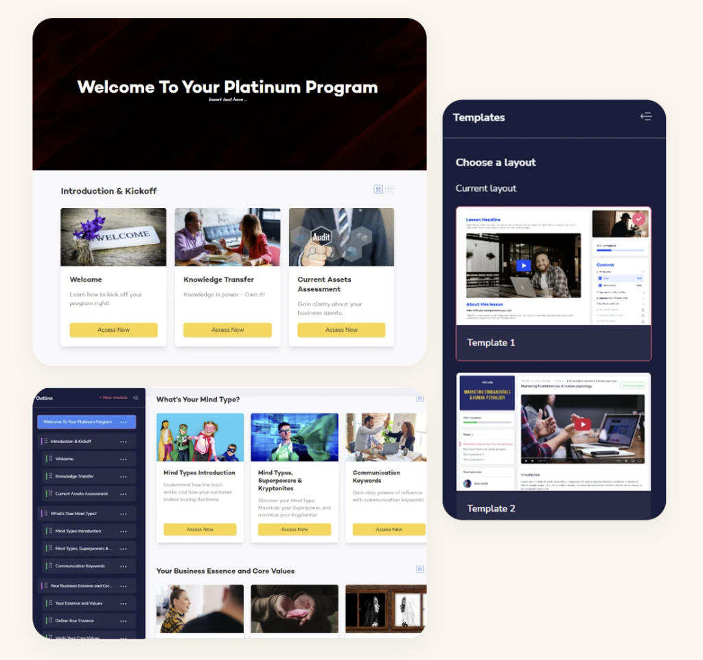 Image of a few layouts of how a course on GrooveMember looks on screen.
