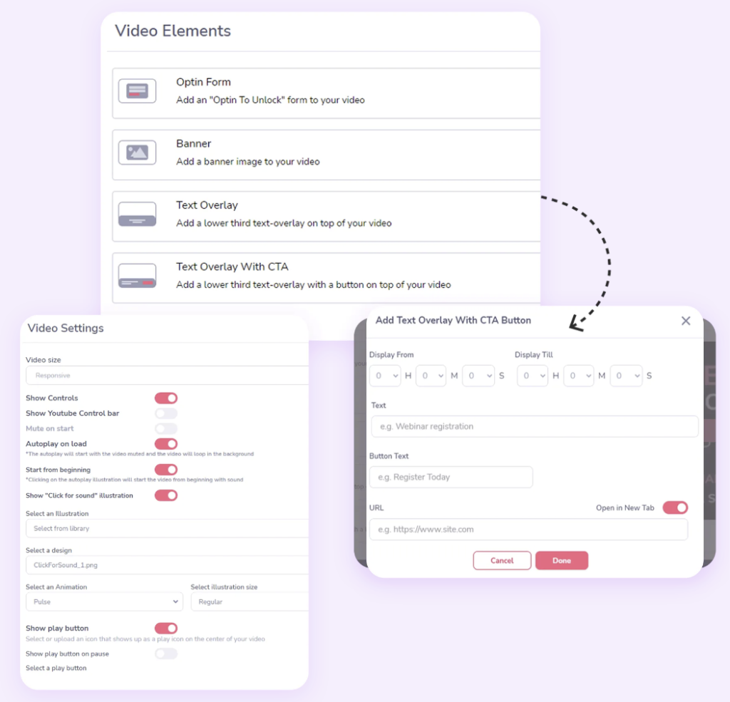 Image of various GrooveVideo settings that can be applied to videos.