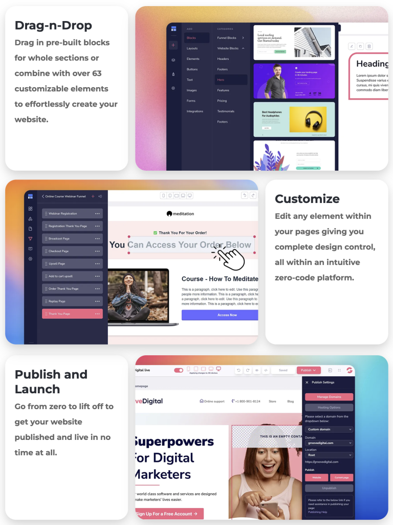 3 example images of editing different parts of a website using GroovePages.