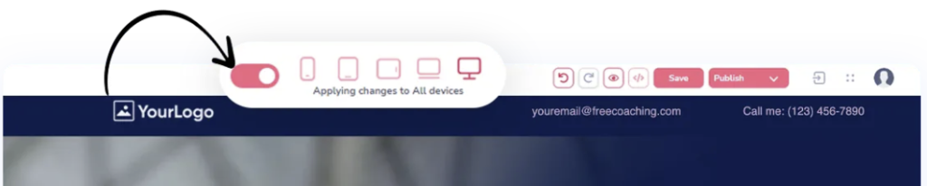 Screenshot of the buttons at top of page editor to select different devices for proper layout.
