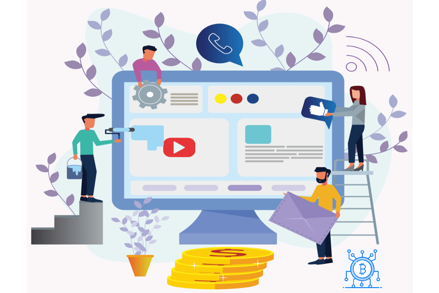 An illustration of people assembling a website layout.