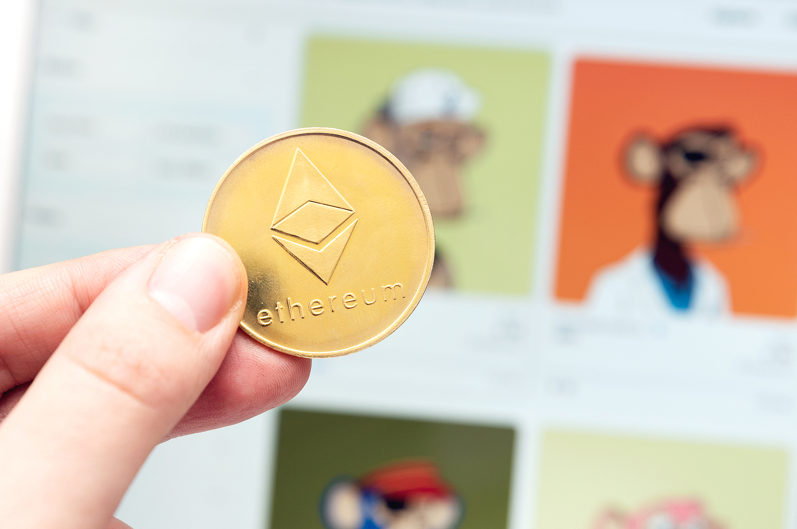 image of etherium coin with bored Apes NFTs