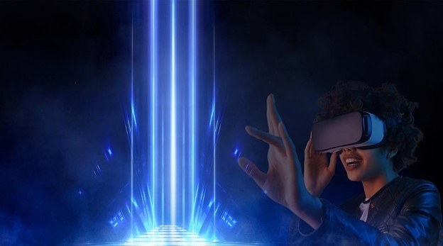 A woman wearing a virtual headset