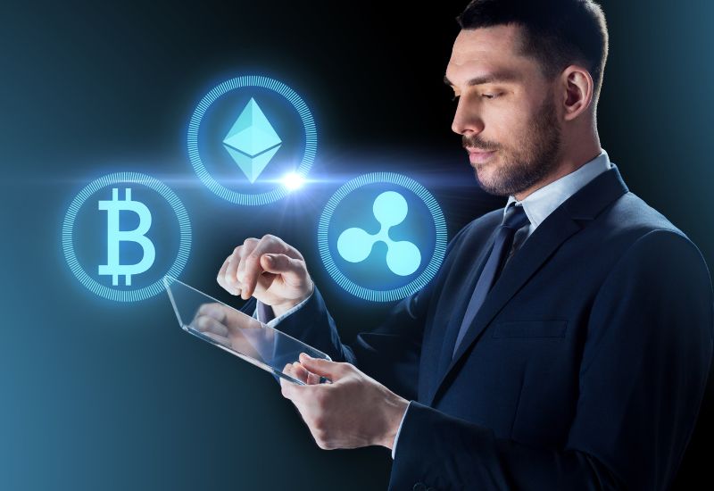 Business man with crypto coins