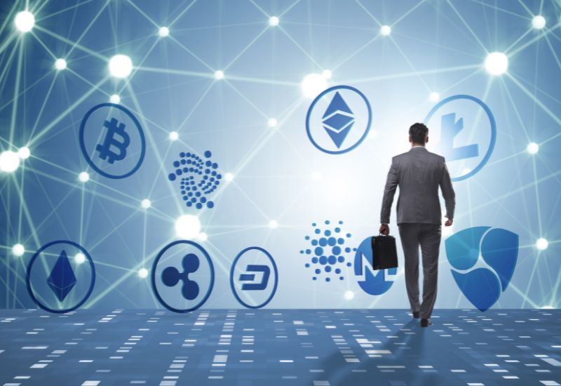 Blue Hologram with Business Man and Crypto Coin Symbols